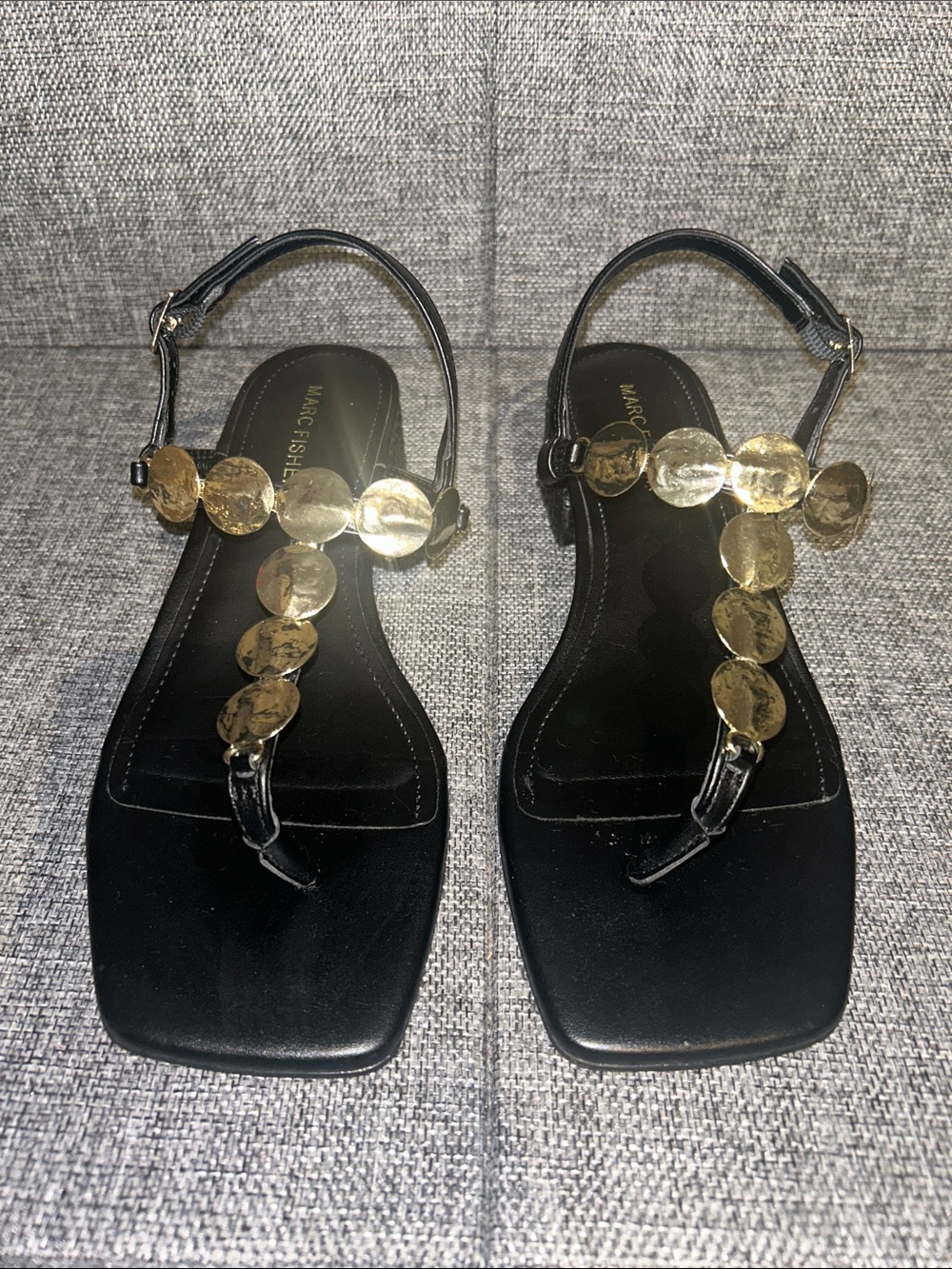 Marc Fisher CAYLIE -  Black Sandals with Gold Disc Accents - Picture 3 of 8